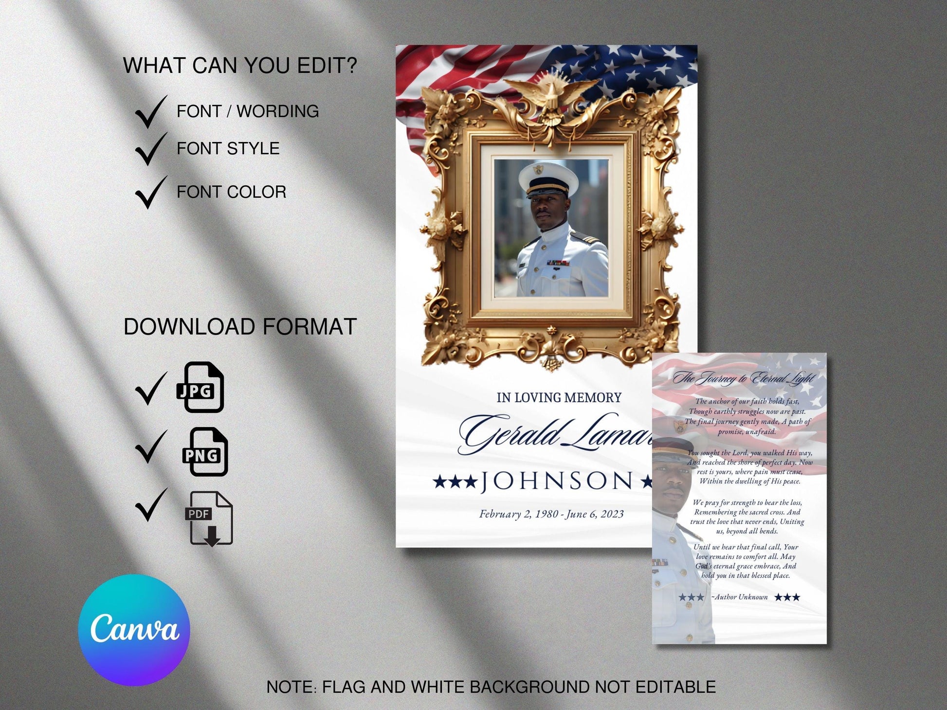 Simple Elegant Military Funeral Prayer Card Template | Editable Canva Invite (3x5)