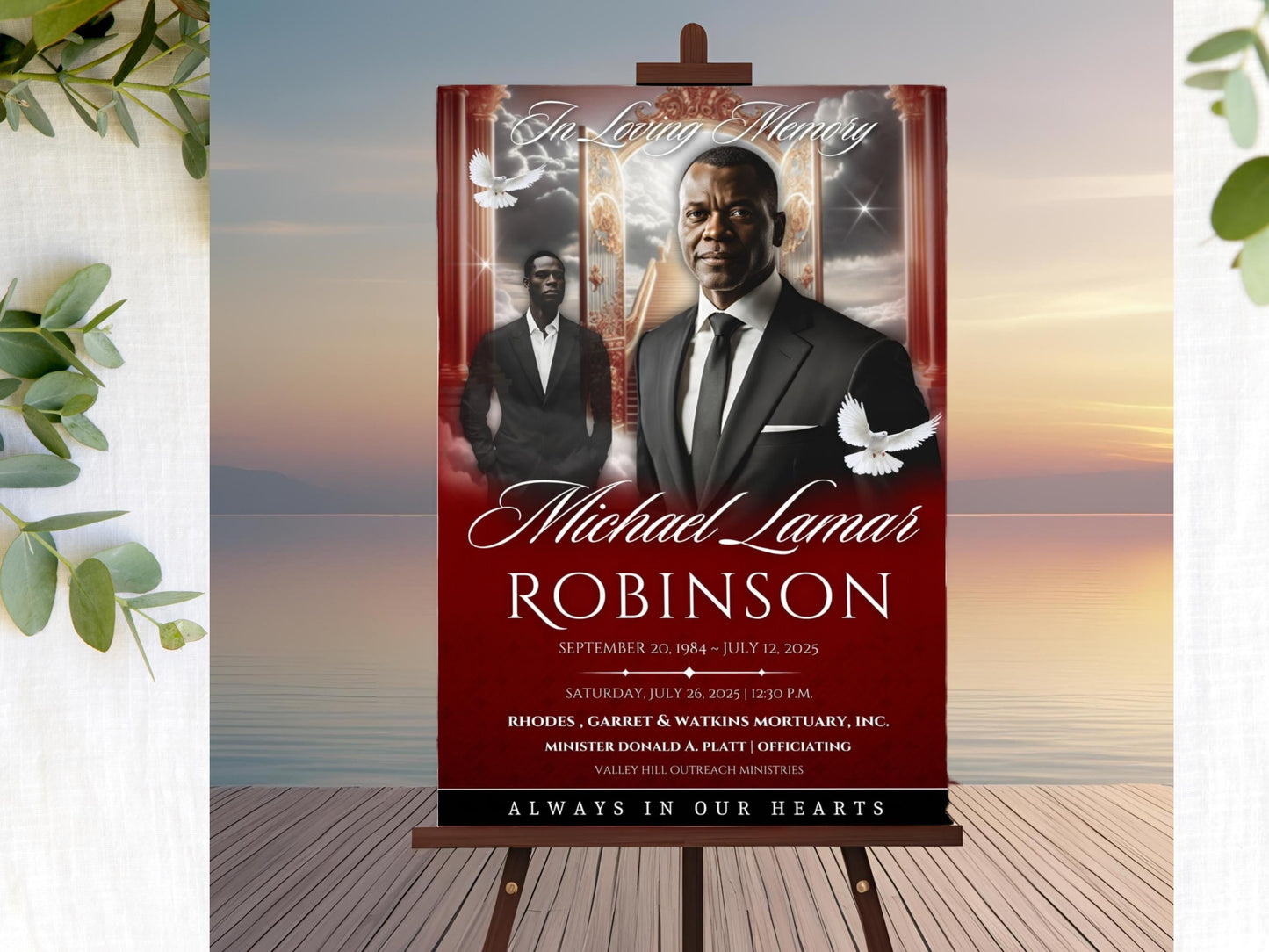 Red & Black Stairway to Heaven Funeral Welcome Sign: Memorial Photo Display (Canva Template, 4 Sizes)