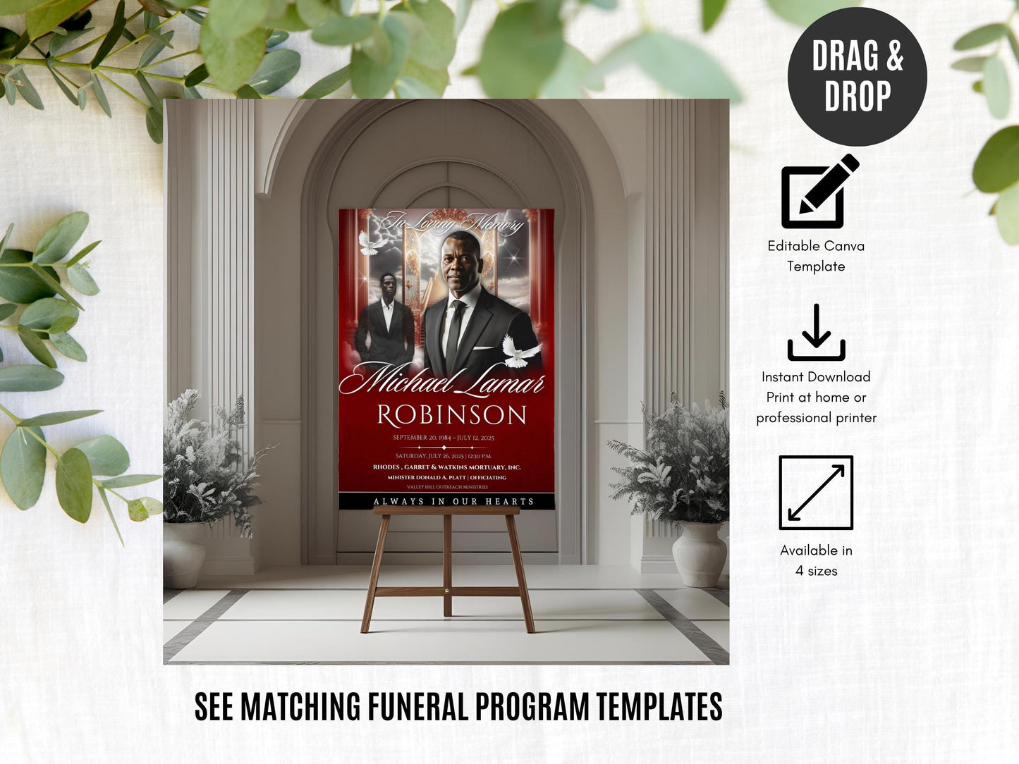 Red & Black Stairway to Heaven Funeral Welcome Sign: Memorial Photo Display (Canva Template, 4 Sizes)