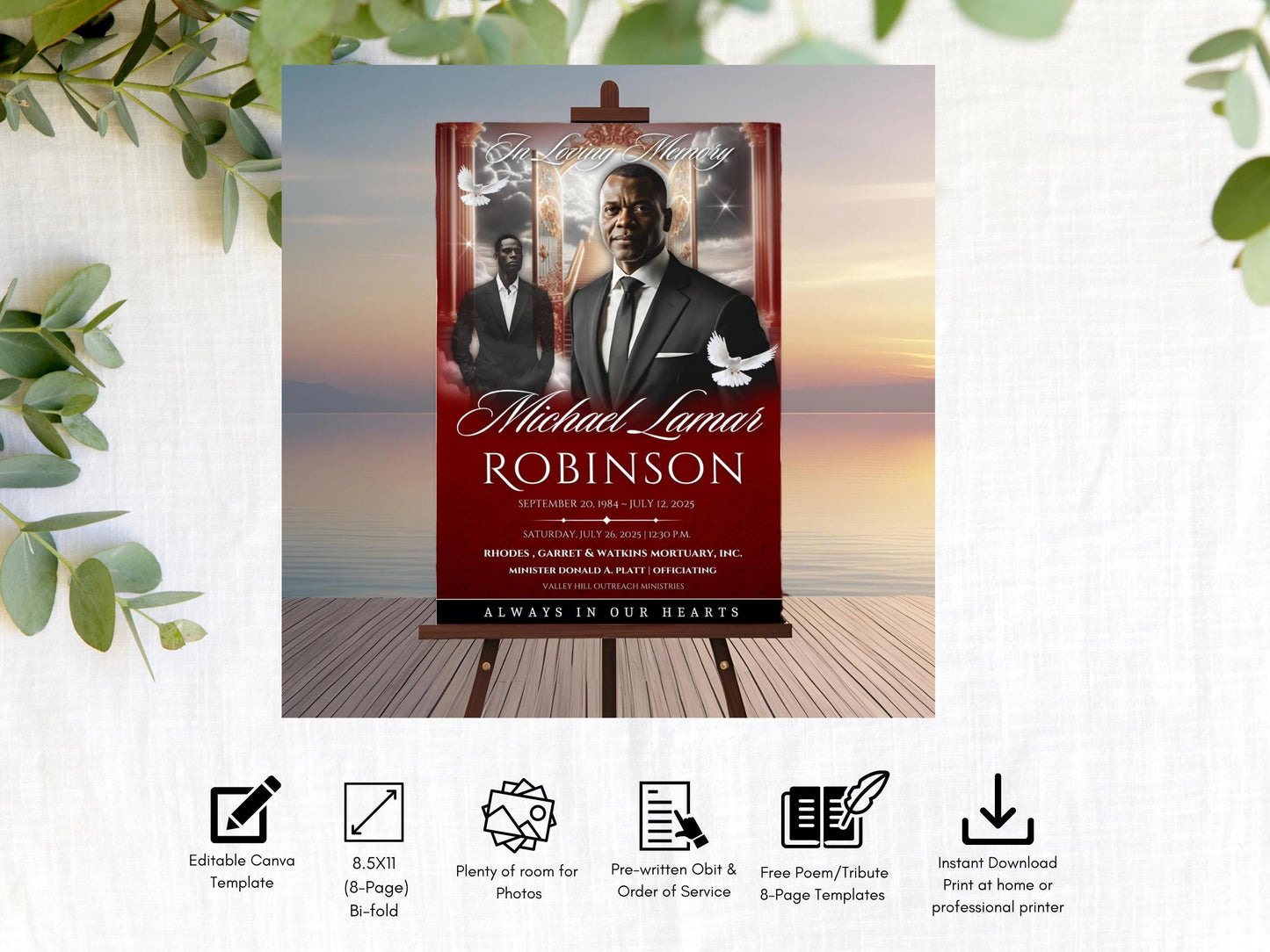Red & Black Stairway to Heaven Funeral Welcome Sign: Memorial Photo Display (Canva Template, 4 Sizes)